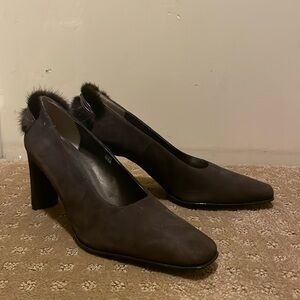 J Renee Womens Brown Suede High Heel Slip On Pump Shoes High Heel Fur Trim 8M